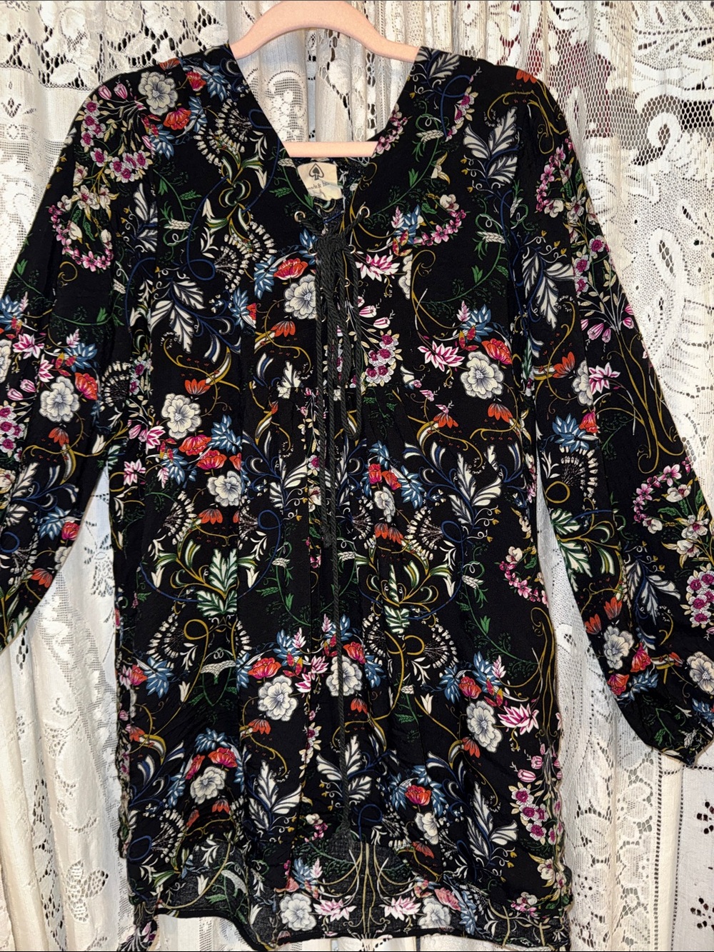 Spade & Heart Black Floral Tie-Front Tunic with Long Sleeves